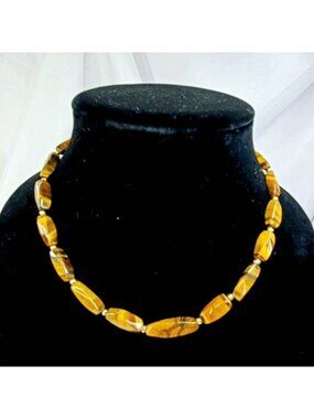 Vintage Tigers Eye Gemstone Beaded Necklace With Gold-Tone Spacers & Clasp
